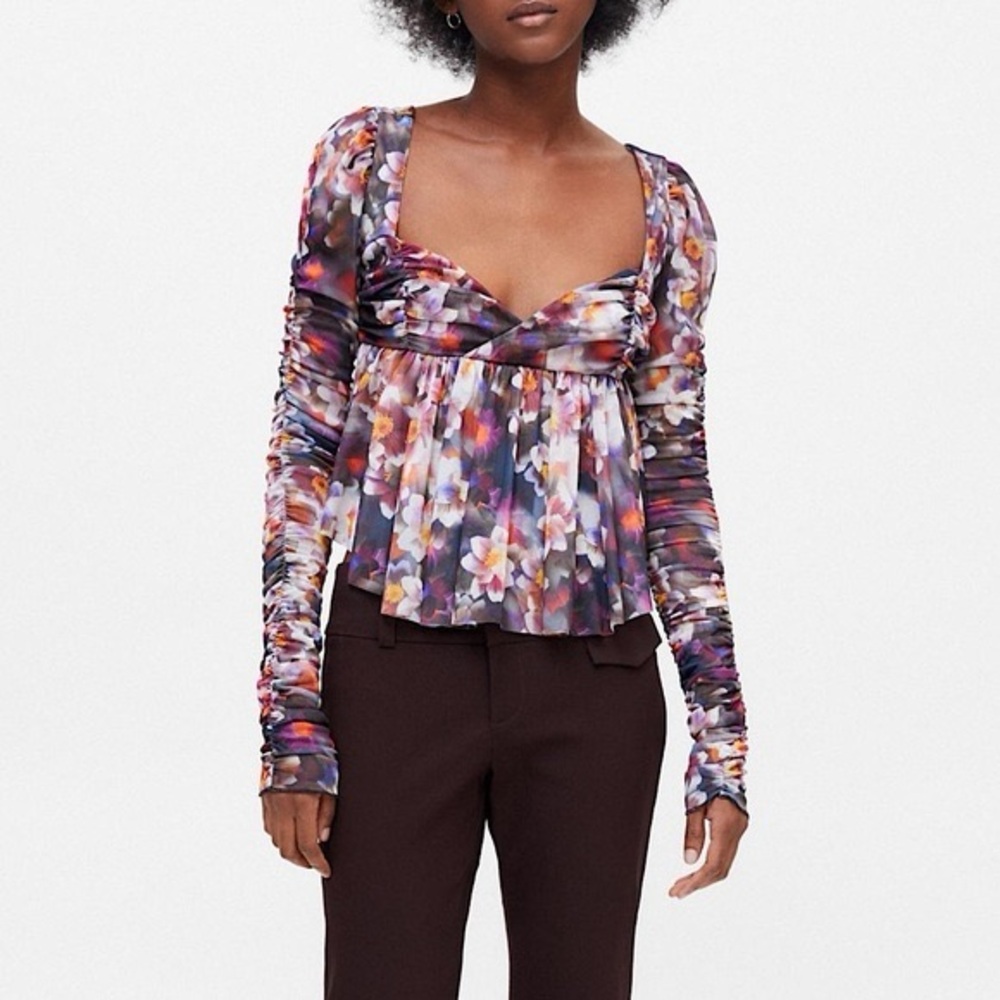 Urban Outfitters Floral Ruffle Ruched Mesh Long Sleeve Babydoll Top